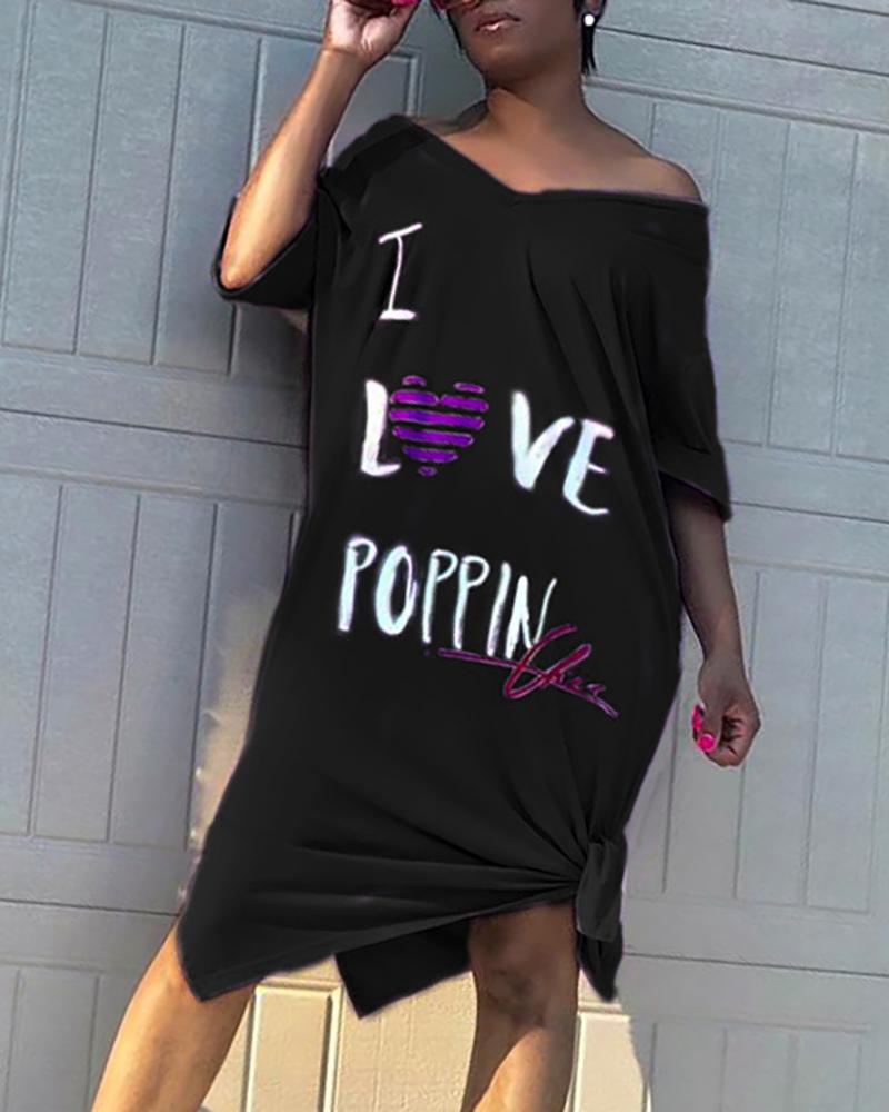 

Letter Heart Print Irregular Dress, Black
