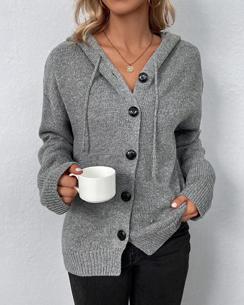 

Long Sleeve Buttoned Drawstring Hooded Knit Cardigan, Gray