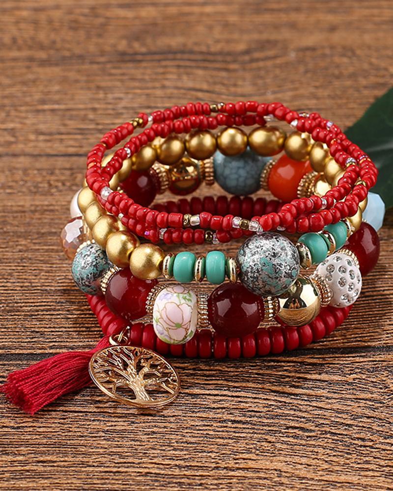 

1pc Bohemian Beaded Hollow Out Geometric Tassel Multi-layer Bracelet, Red