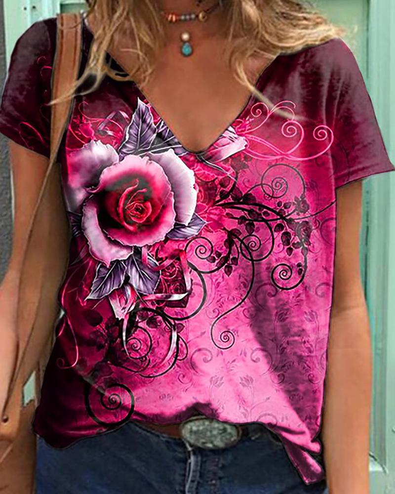 

Floral Print Colorblock Short Sleeve T-Shirt, Purple