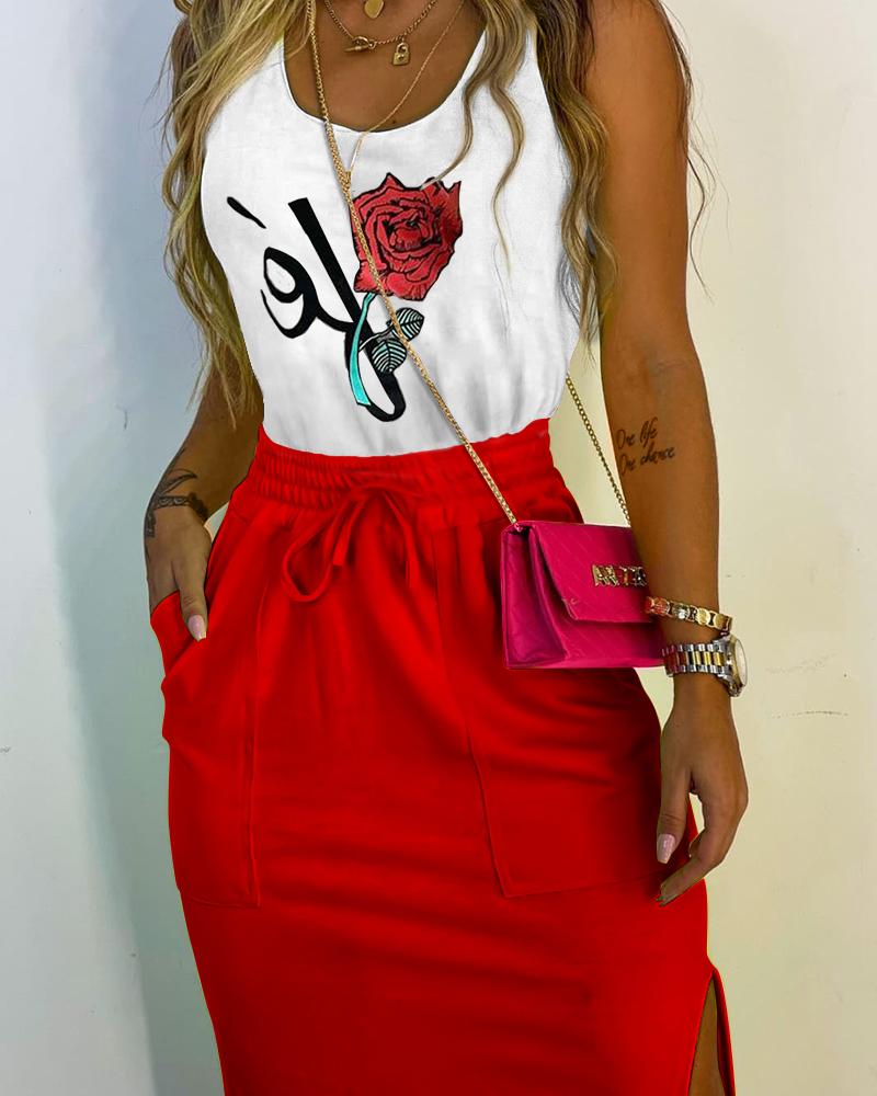 

Floral Print Tank Top & Split Hem Skirt Set, Red