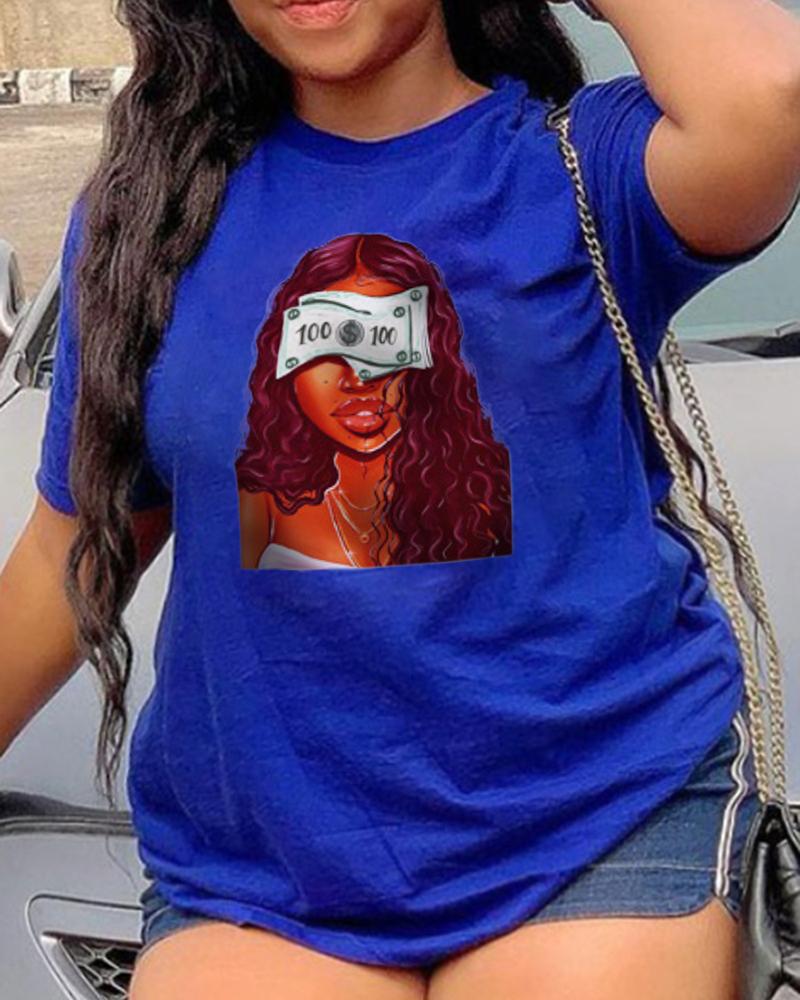 

Cartoon Cool Girl Print Short Sleeve T-shirt, Blue