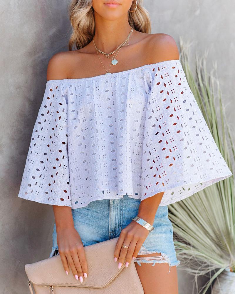 

Off Shoulder Bell Sleeve Eyelet Embroidery Top, White