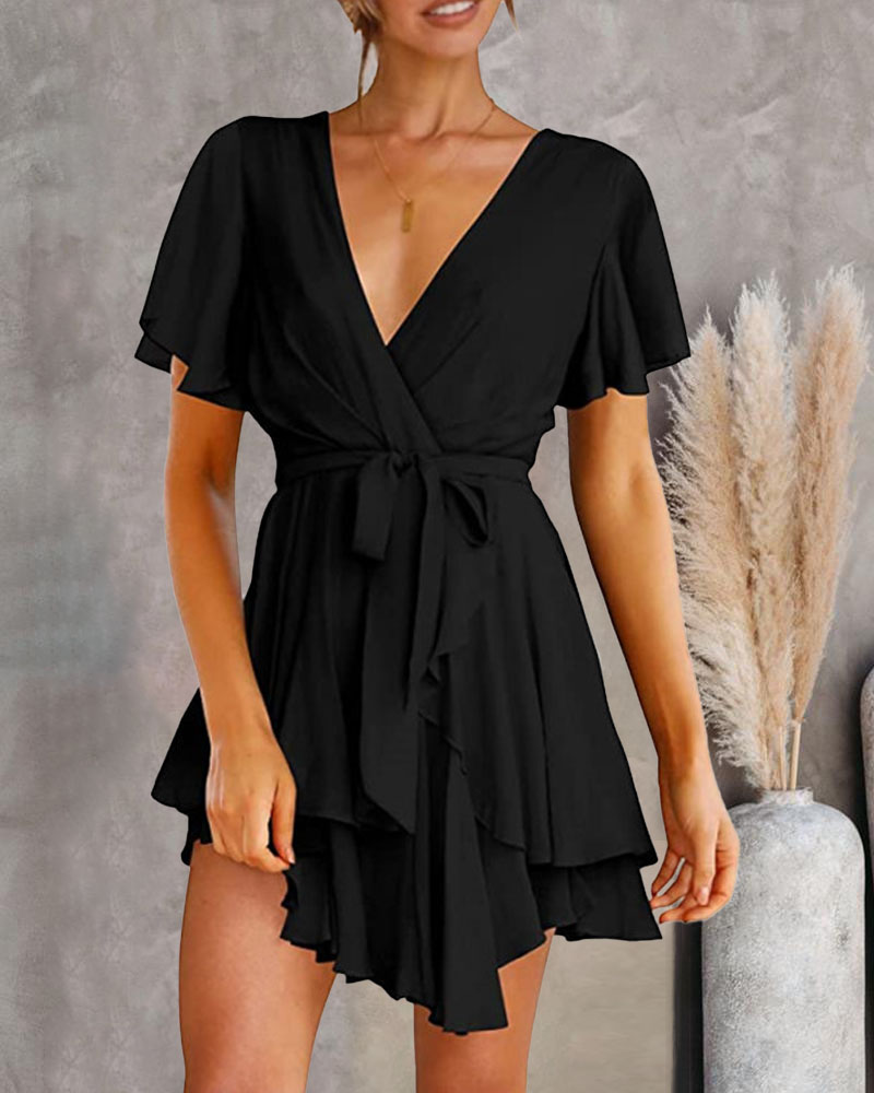 

Overlap Collar Ruffle Hem Belted Casual Dress, Black