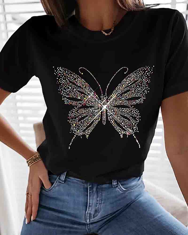 

Butterfly Pattern Print Round Neck Tops Cotton Basic T-shirt, Black