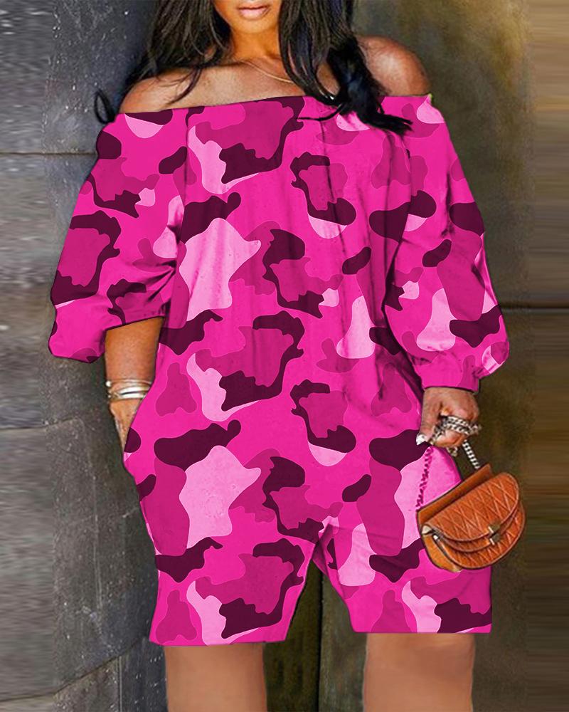 Plus Size Camouflage Print Off Shoulder Casual Romper