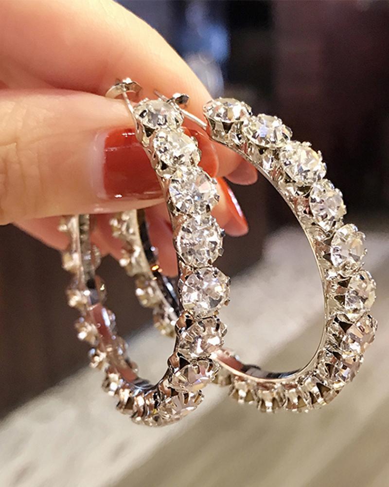 

1Pair Allover Rhinestone Hoop Earrings, Silver