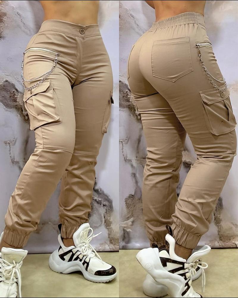 

Calça cargo com bolsos e decoração de corrente, Khaki