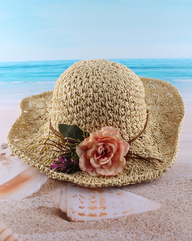 

Floral Pattern Folding Wide Brim Straw Hat, Beige