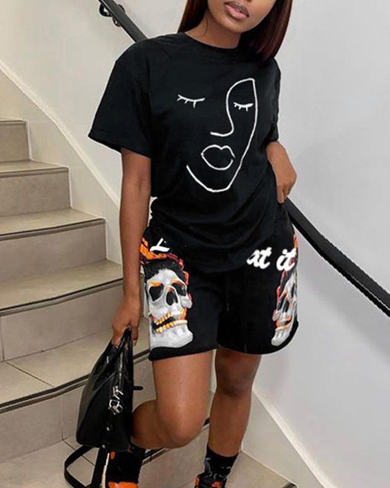 

Graphic Print Short Sleeve Tee & Shorts Set, Black