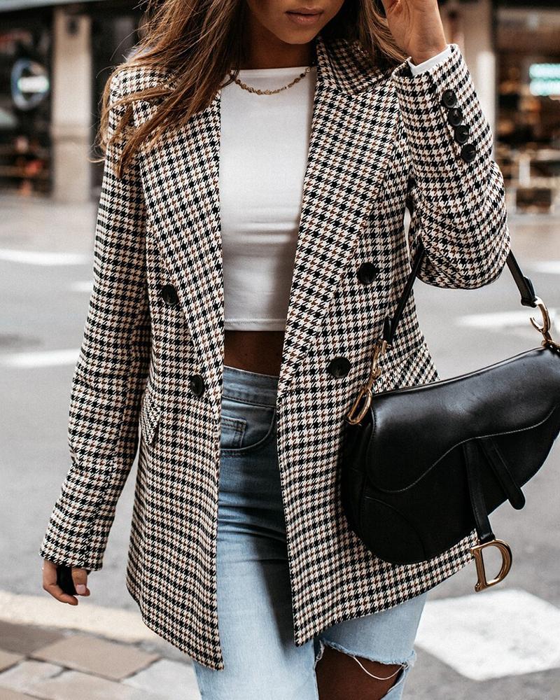 

Plaid Print Pocket Button Design Blazer Coat, Gray