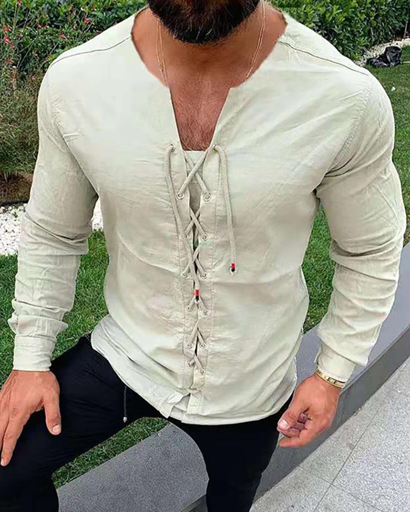 

Men Plus Size Eyelet Lace-up Long Sleeve Shirt, Beige