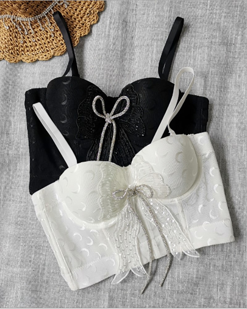 

Bowknot Decor Moon Pattern Beaded Corset Crop Top, White