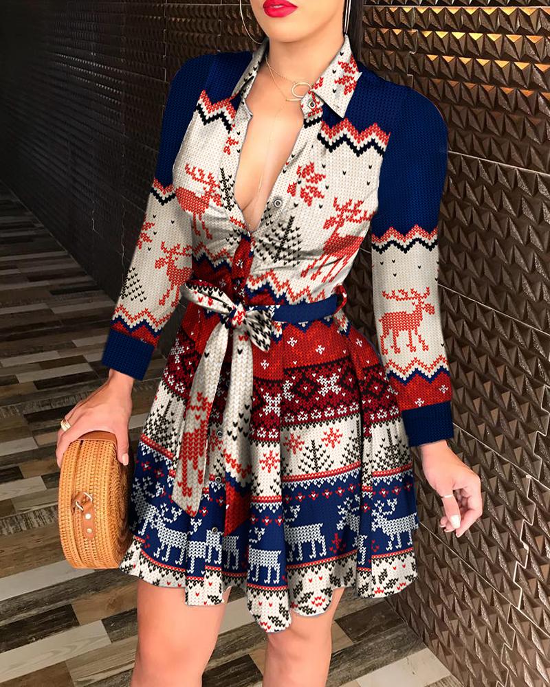 

Christmas Reindeer Pattern Long Sleeve Casual Dress, Multicolor