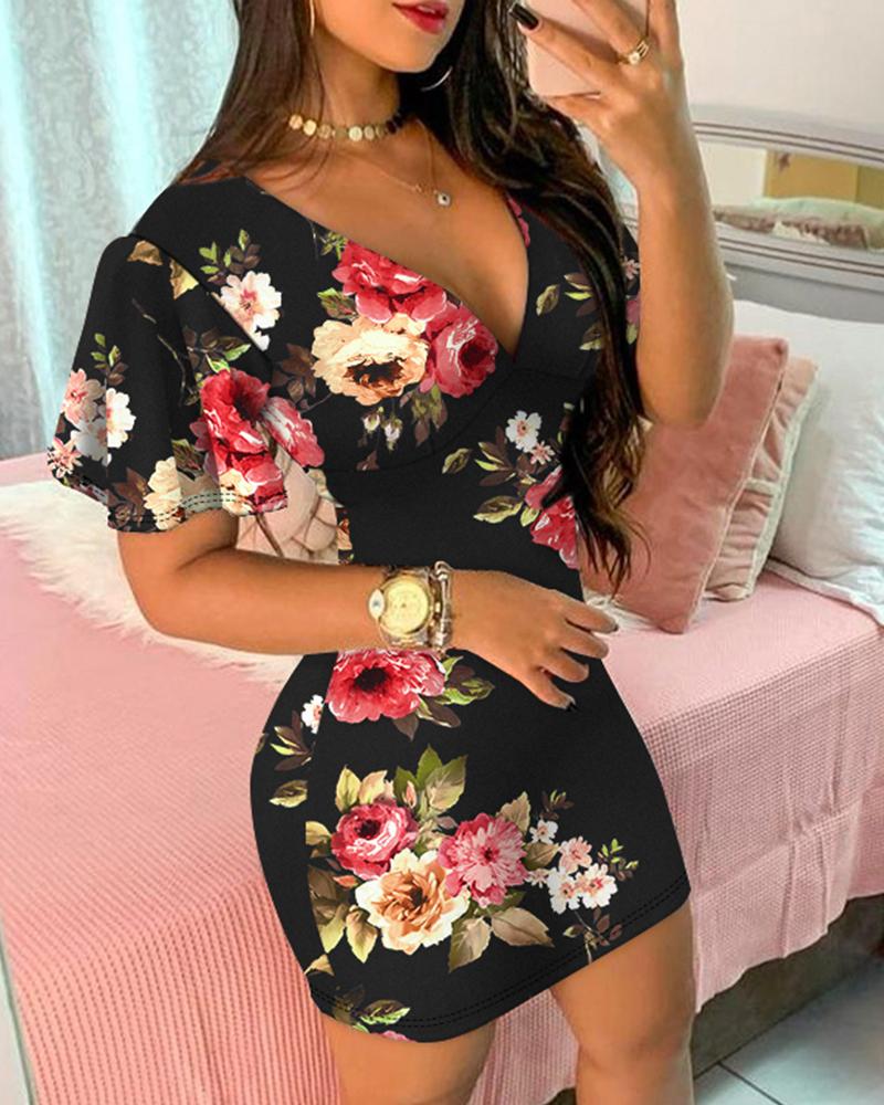 

Floral Print Plunge Ruffle Hem Bodycon Dress, Black