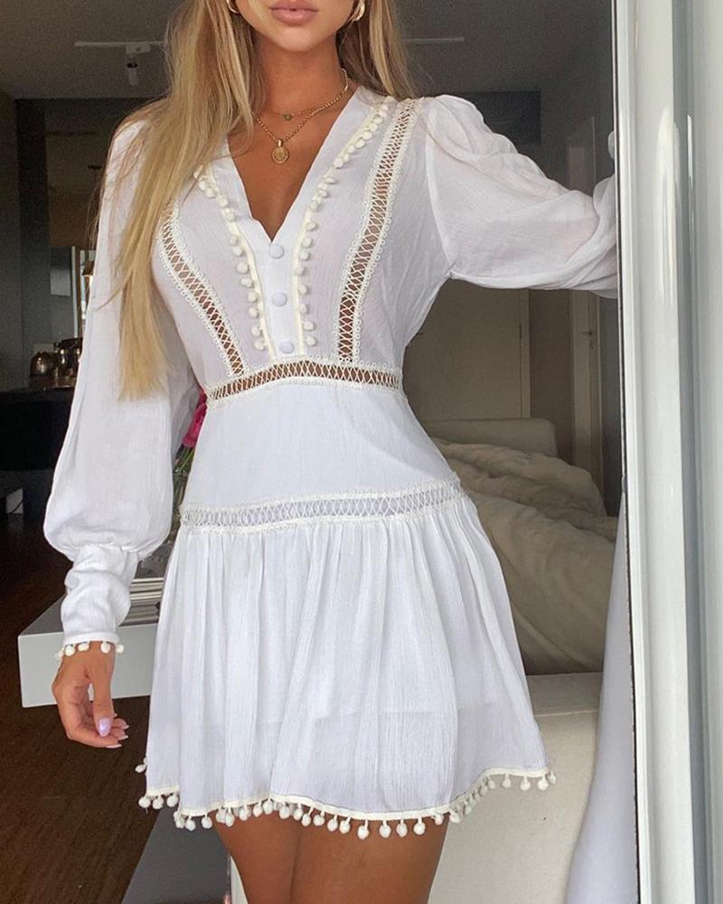 

Lantern Sleeve Button Design Hollow Out Pom Pom Dress, White