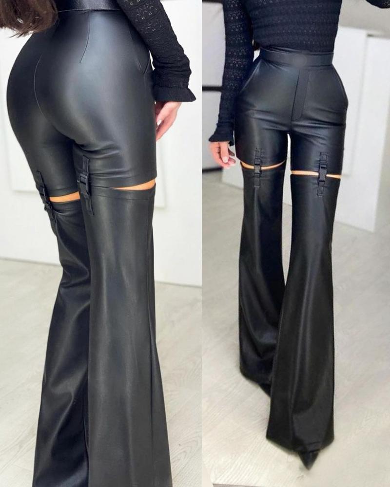 

Buckle Detail Skinny PU Leather Flare Leg Pants, Black