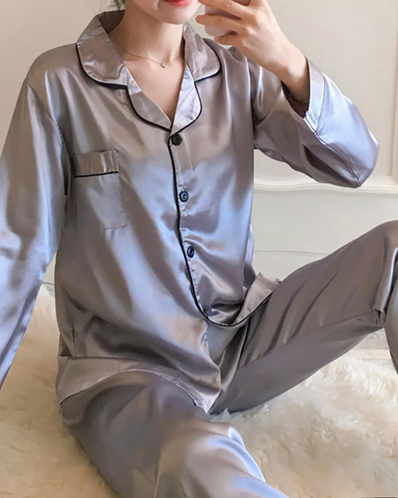 

Contrast Binding Button Front Satin Pajama Set, Gray