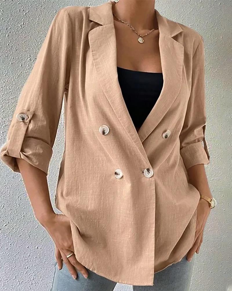 

Notched Collar Roll Up Sleeve Buttoned Blazer Coat, Khaki