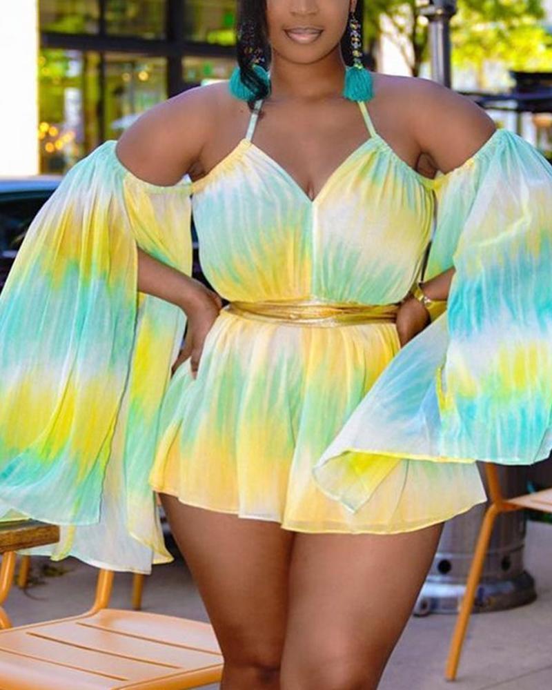 

Plus Size Tie Dye Print Cloak Sleeve Romper, Multicolor