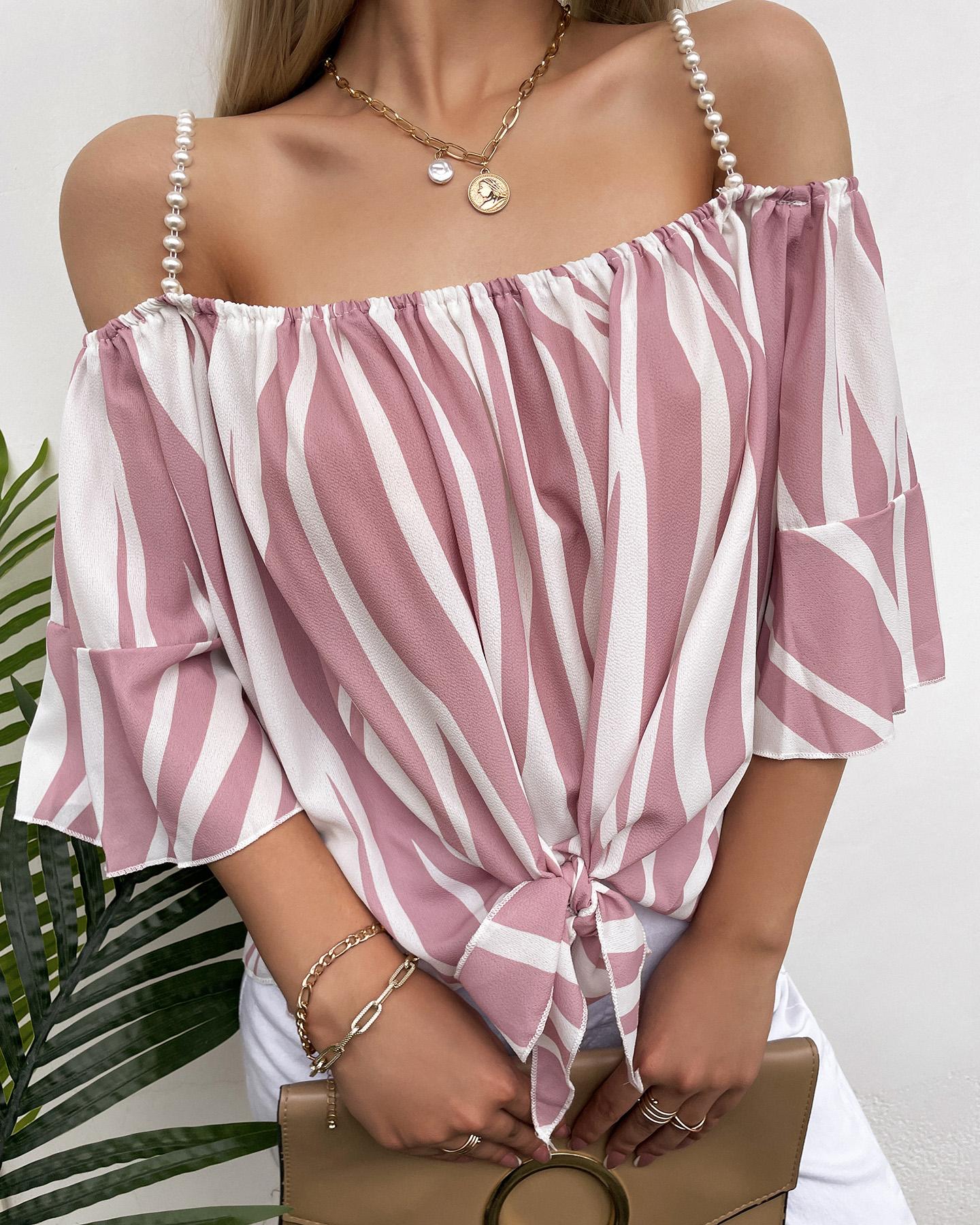 

Tie Knot Cold Shoulder Beaded Strap Ruffles Top, Pink