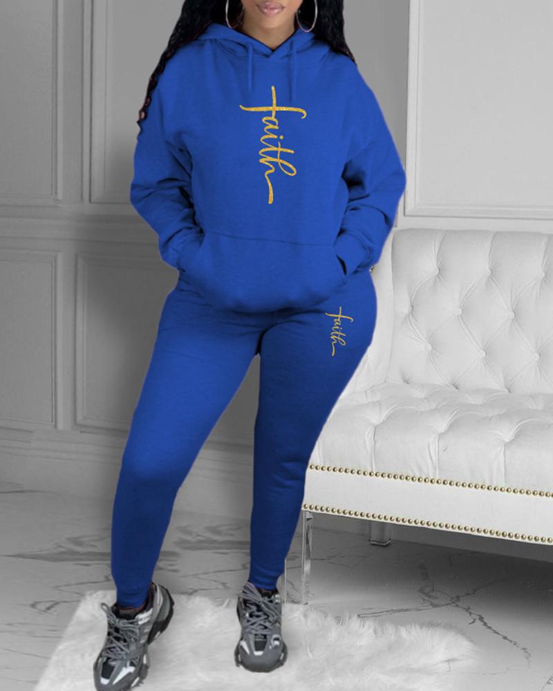 

Letter Print Pocket Design Hoodie & Pants Set, Blue