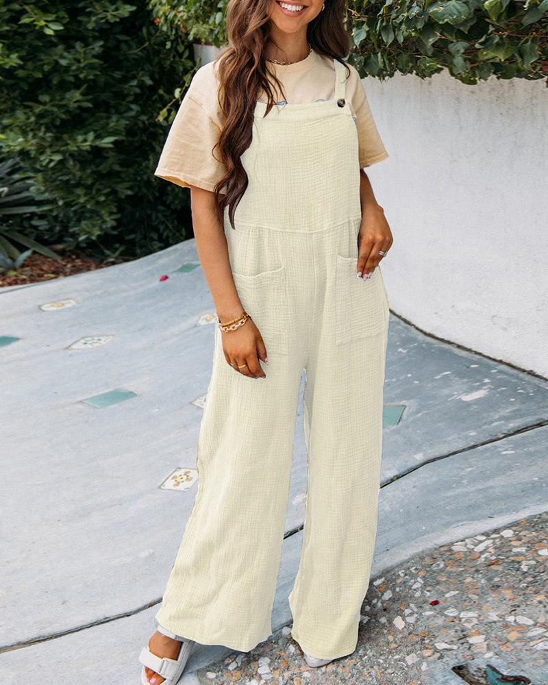 

Wide Leg Pocket Design Suspender Jumpsuit, Beige