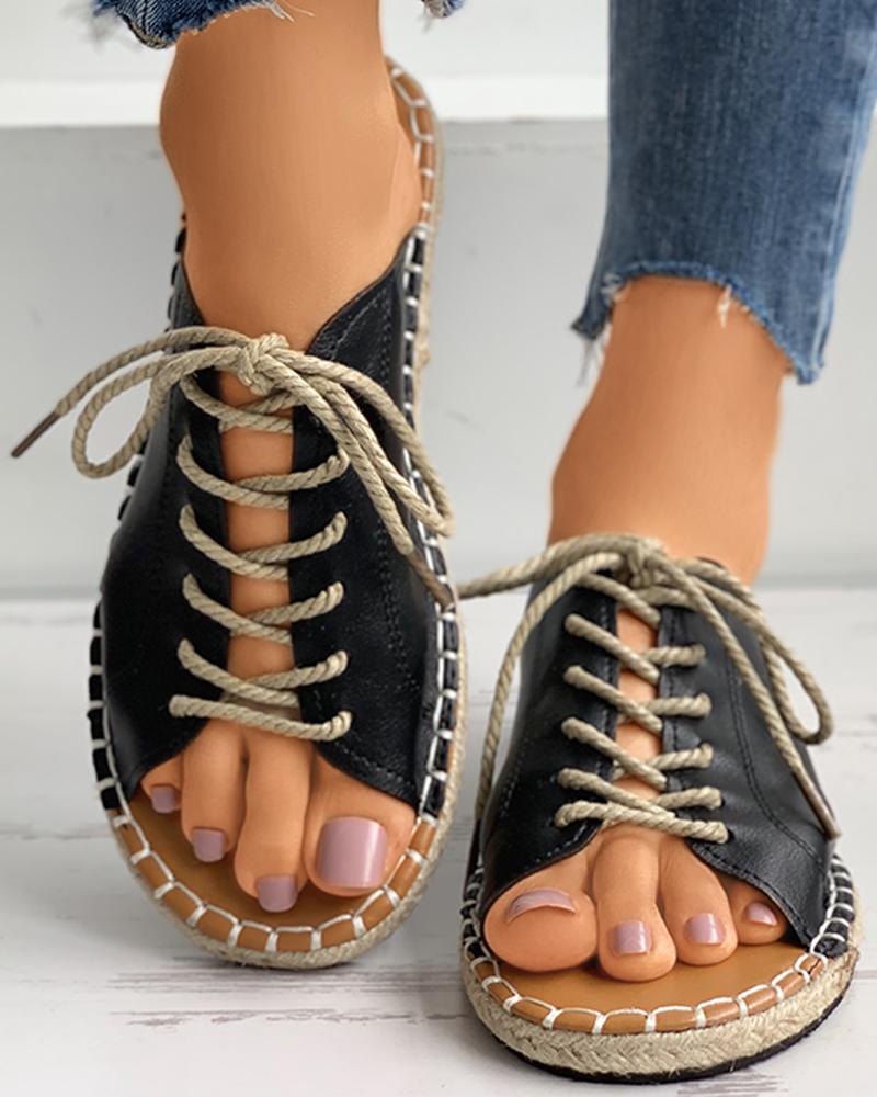 

Eyelet Lace-up Woven Flax Flat Sandals, Black