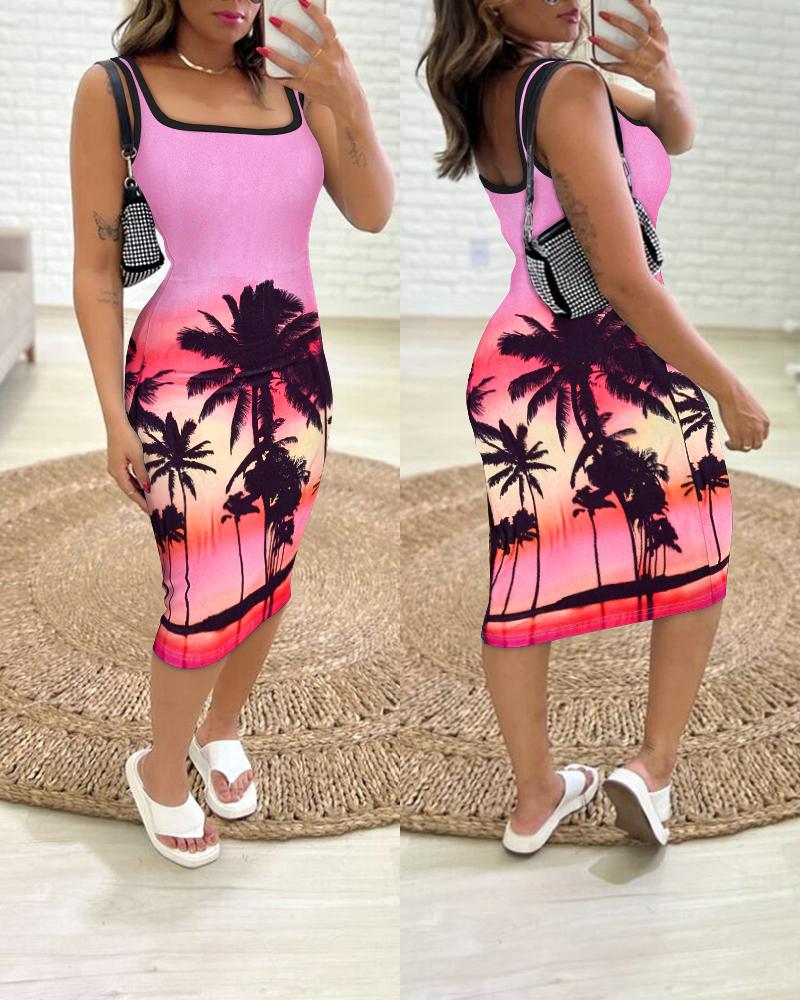 

Tropical Landscape Print Contrast Binding Bodycon Dress, Pink