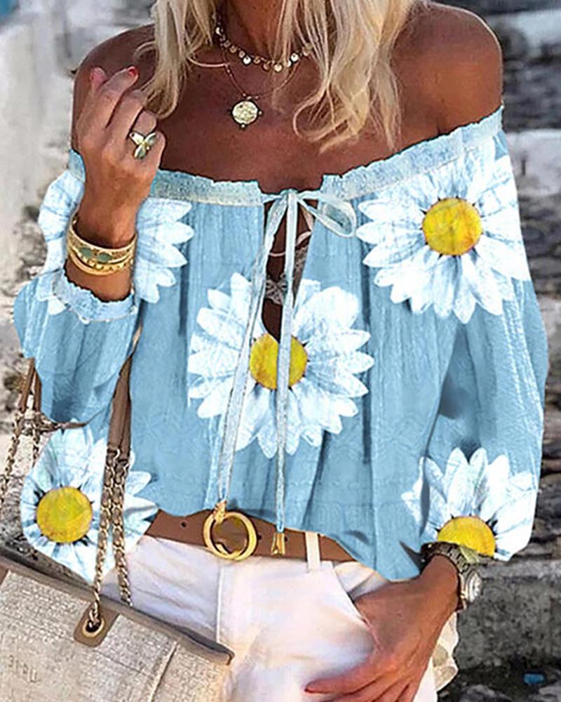 

Daisy Print Off Shoulder Long Sleeve Shirt, Blue