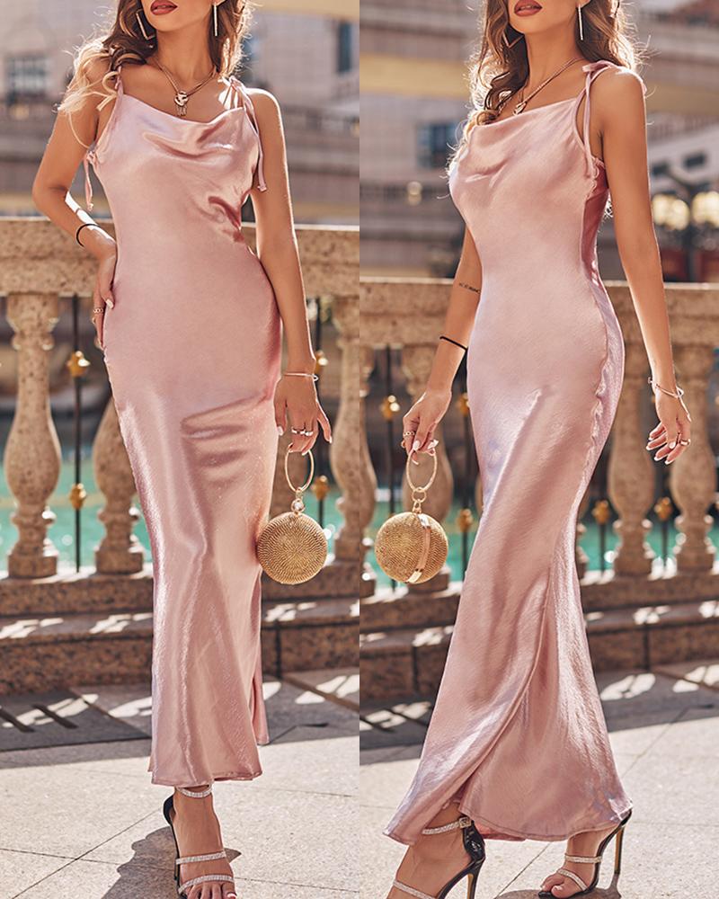 

Satin Knot Shoulder Mermaid Cami Prom Dress, Pink