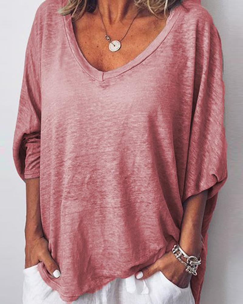 

Plus Size V-Neck Batwing Sleeve Casual Top, Pink