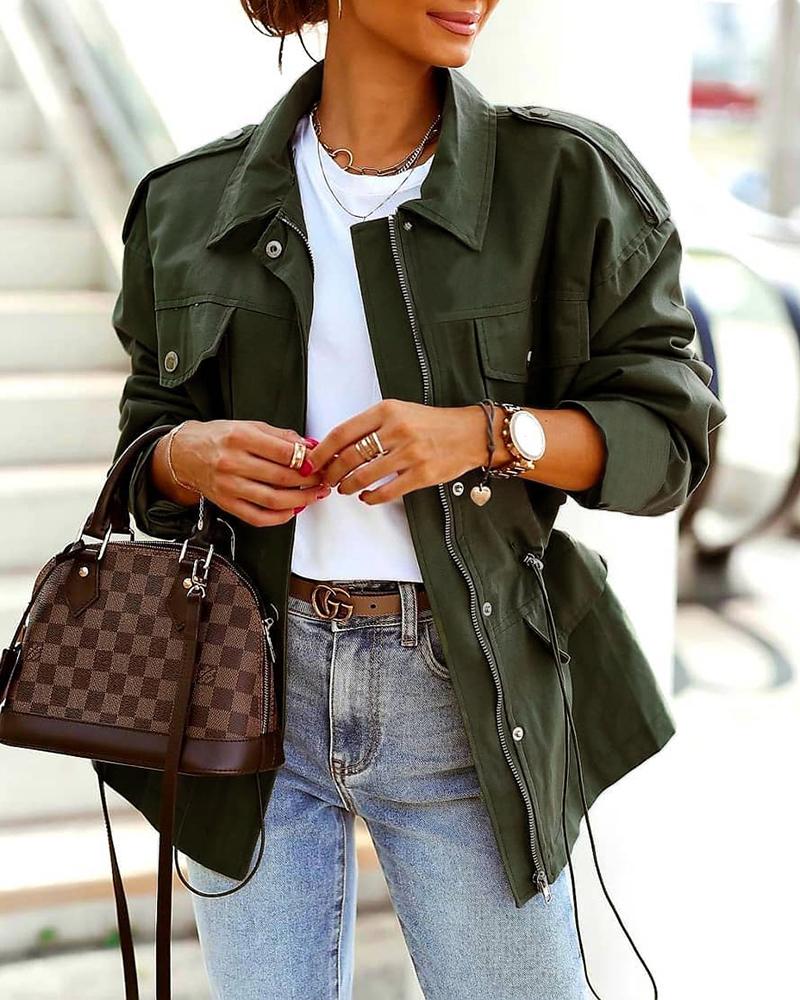 

Zipper Pocket Design Trench Coat, Army green