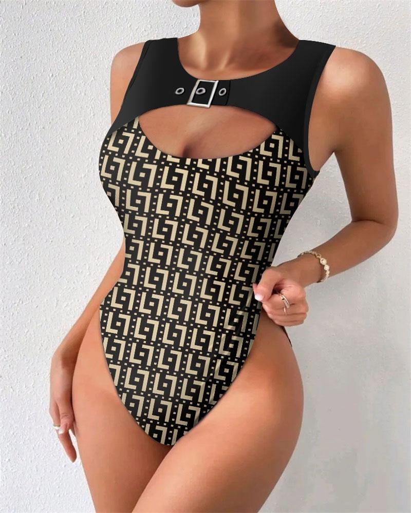 

Geo Print Buckle Decor Cutout Bodysuit, Khaki