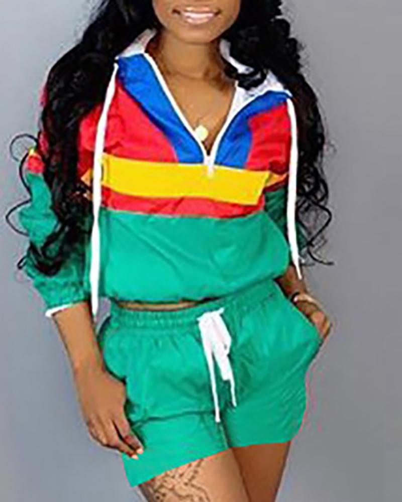 

Contrast Color Hooded With Shorts, Green