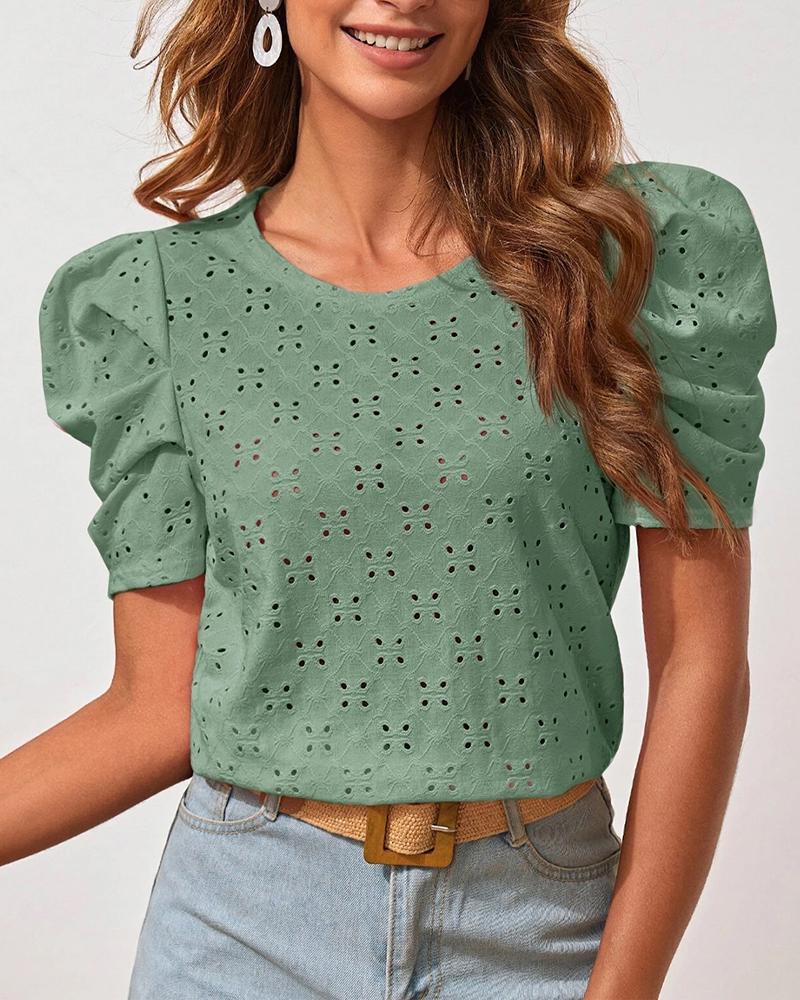 

Eyelet Embroidery Puff Sleeve Top, Green