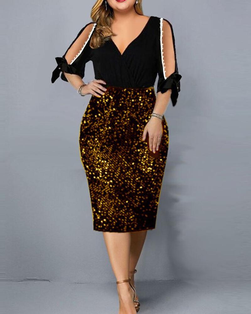 

Plus Size Cold Shoulder Contrast Sequin Party Dress, Gold