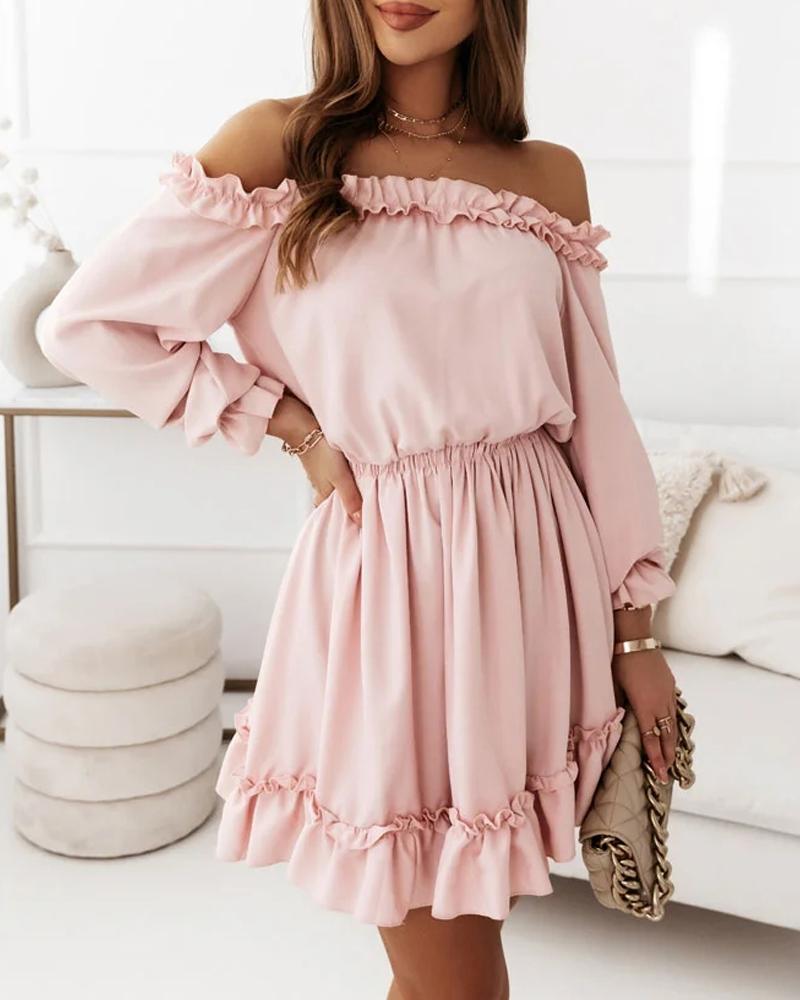 

Off Shoulder Ruffle Hem Casual Dress, Pink