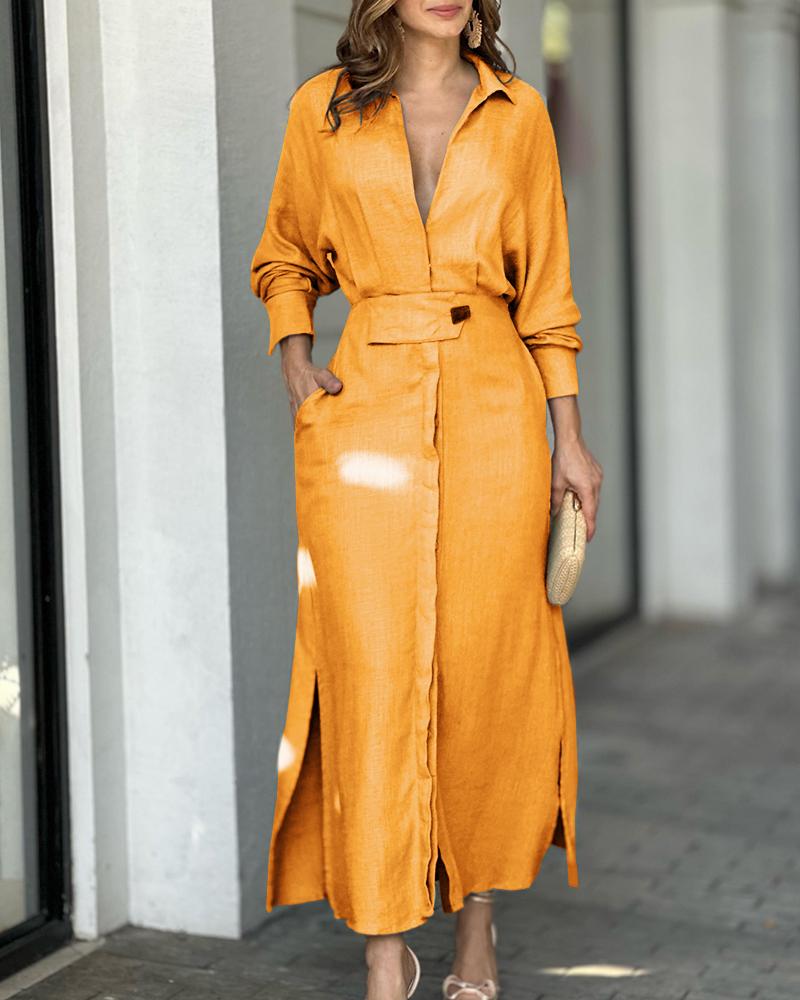 

Long Sleeve Pocket Design Side Slit Shirt Dress, Yellow
