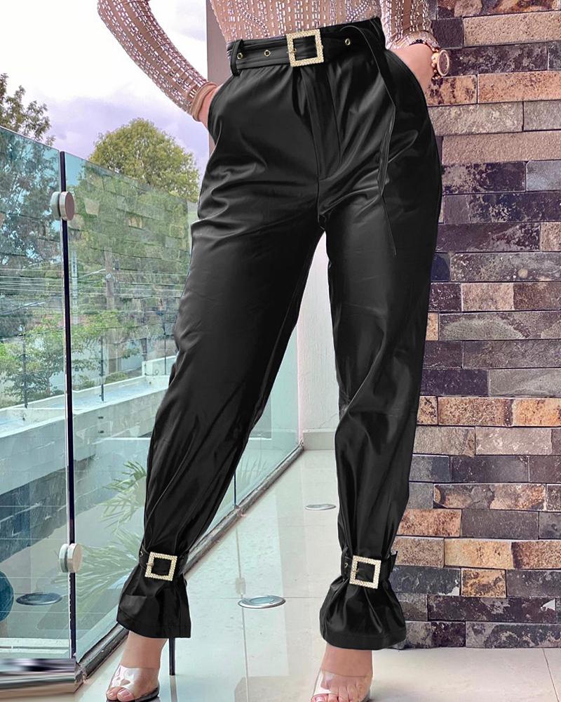 

Pocket Design PU Leather Buckled Pants, Black
