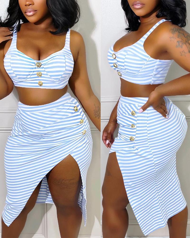 

Striped Print Crop Top & High Slit Skirt Set, Blue