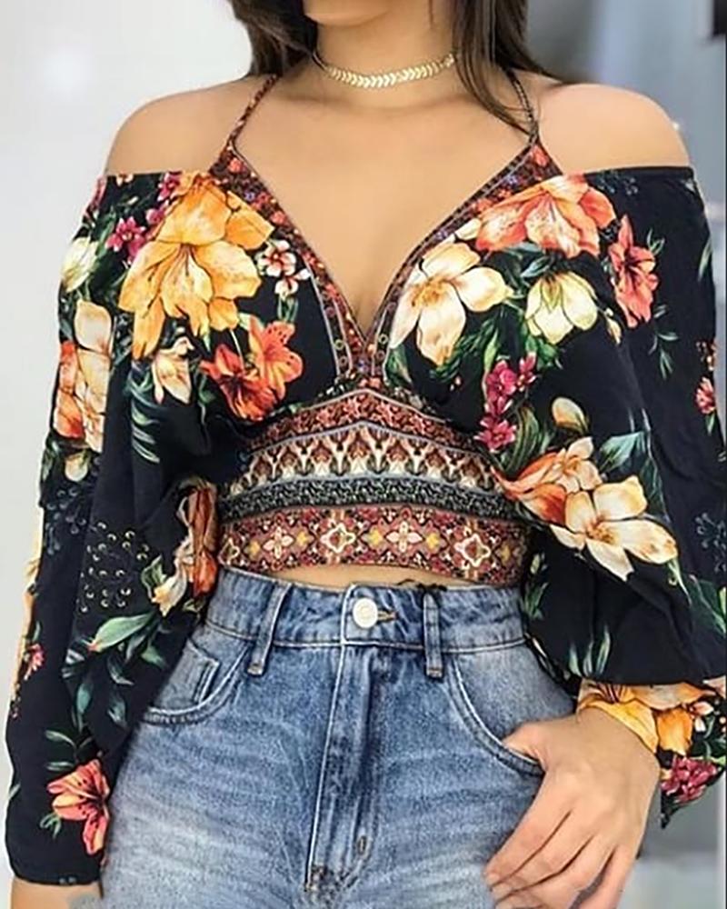 

Cold Shoulder Floral Print Blouse, Black
