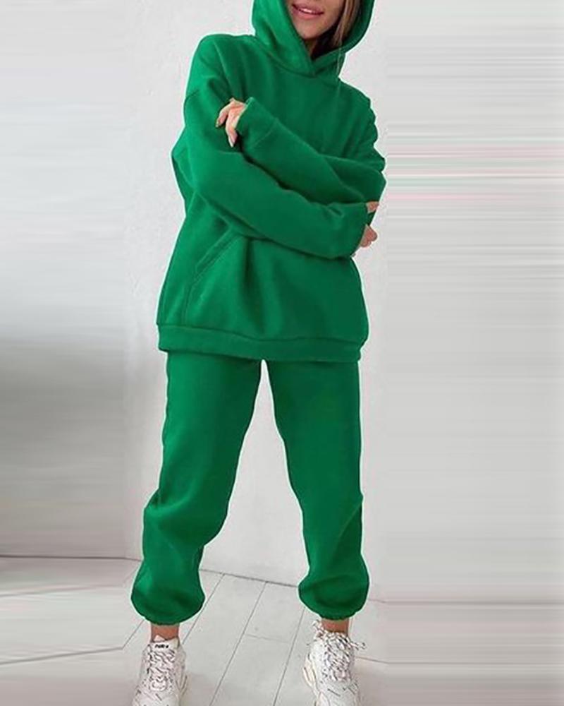 

Pocket Design Long Sleeve Hooded Top & Pants Set, Green