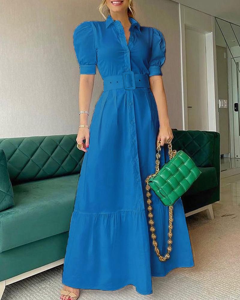 

Plain Puff Sleeve Buttoned Shirt Dress, Blue