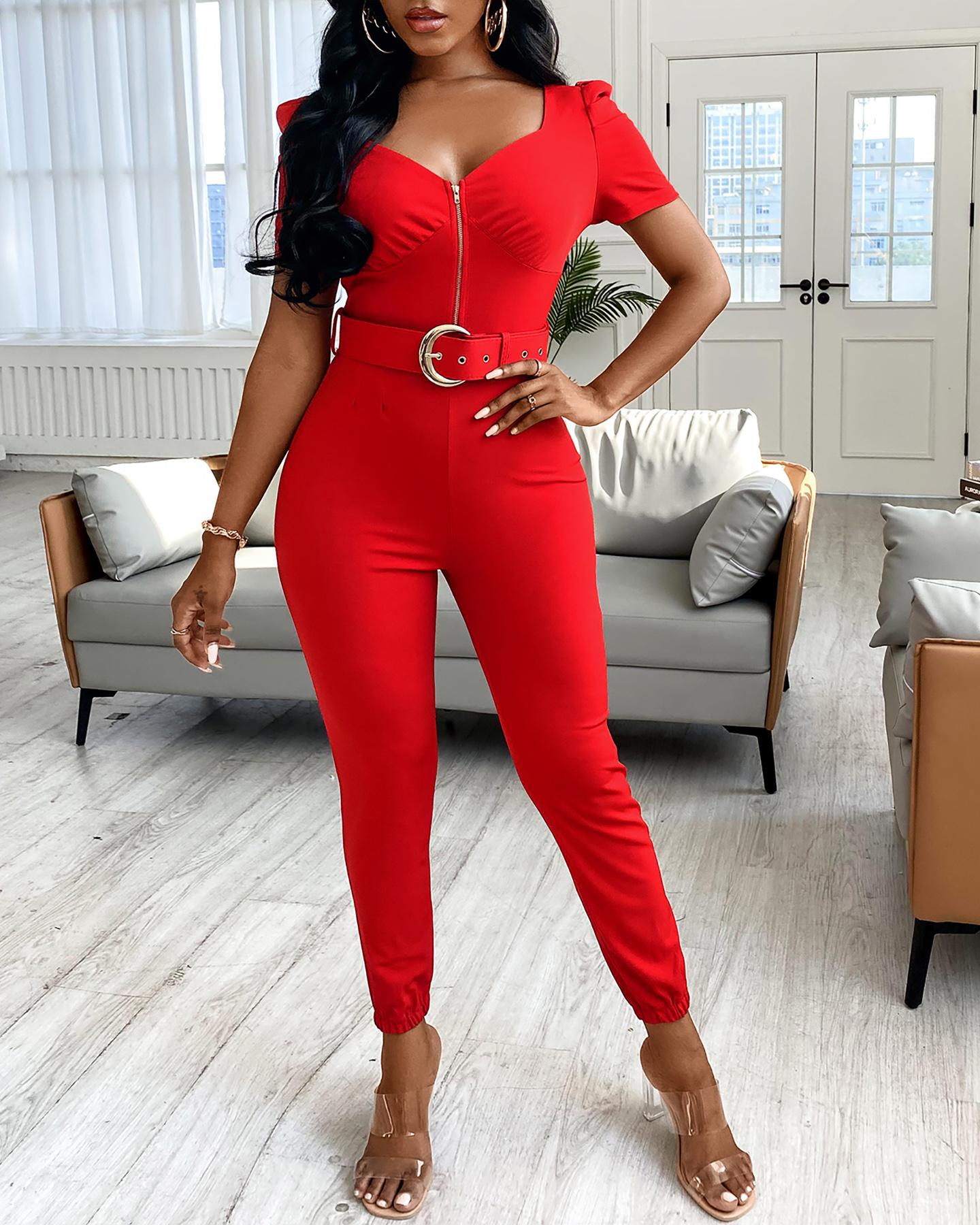 

Zip Front Puff Sleeve Jumpsuit With Belt, Red
