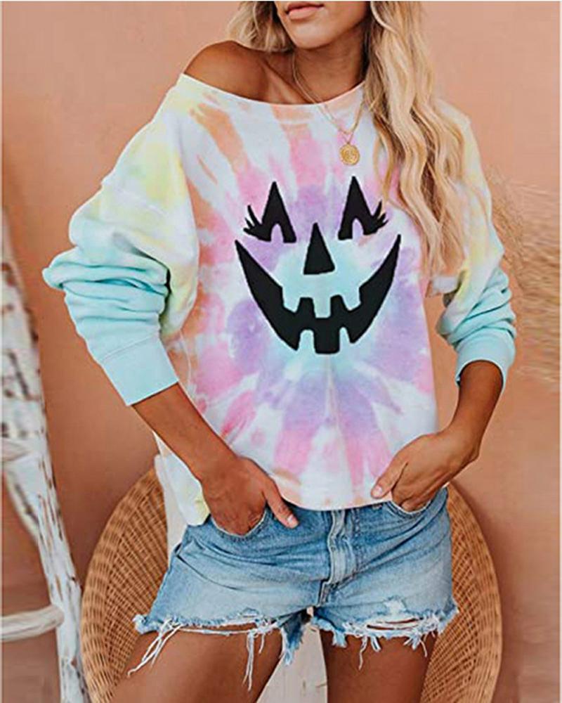 

Halloween Graphic Print Long Sleeve Sweatshirt, Pink