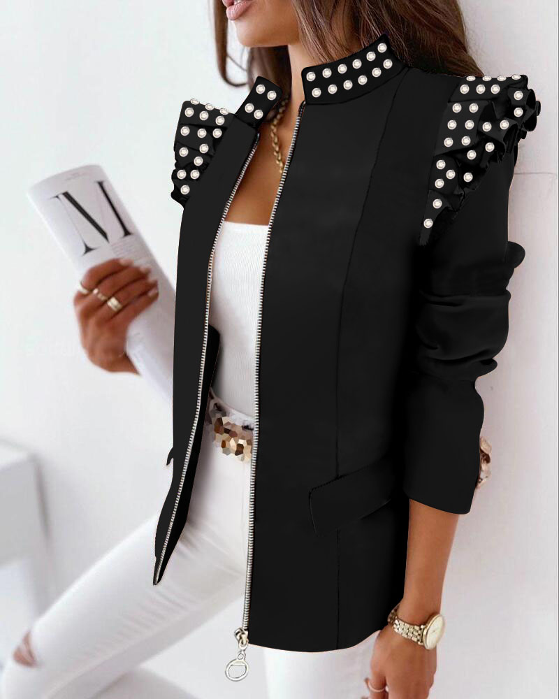 

Pearls Decor Ruffle Hem Zip Up Coat, Black