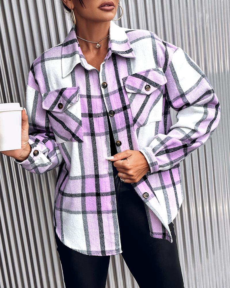 

Plaid Print Pocket Design Buttoned Shacket, Purple