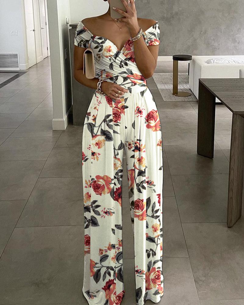 

Floral Print Off Shoulder Wide Leg Jumpsuit, Multicolor