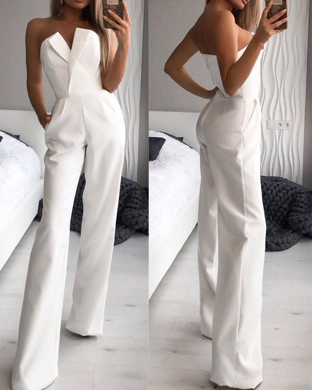 

Straight Leg Pocket Detail Sleeveless Tube Jumpsuit, White